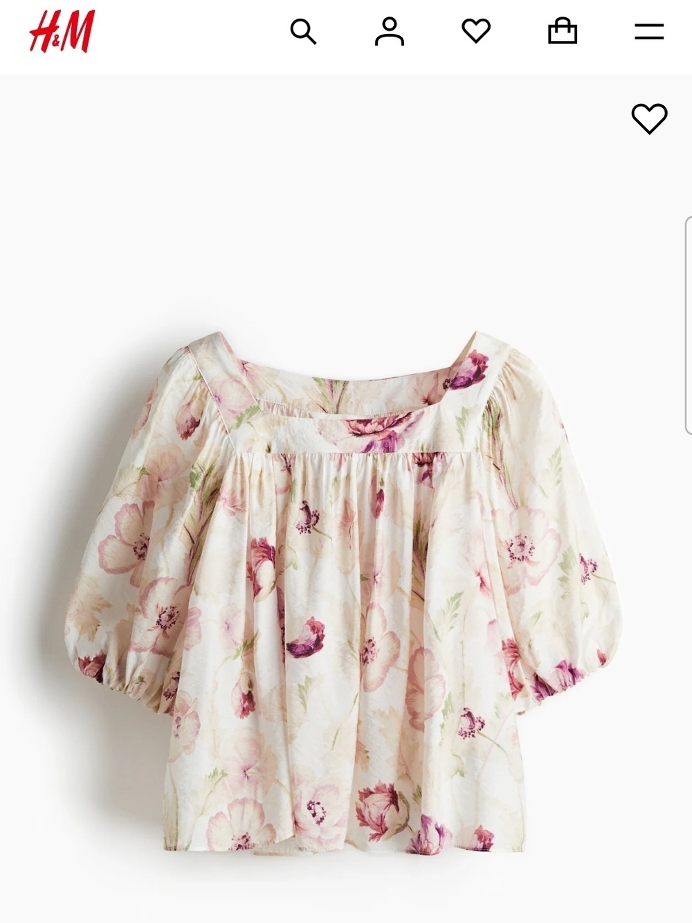 H&M Cream Blouse with Pink Floral Puff Sleeves
